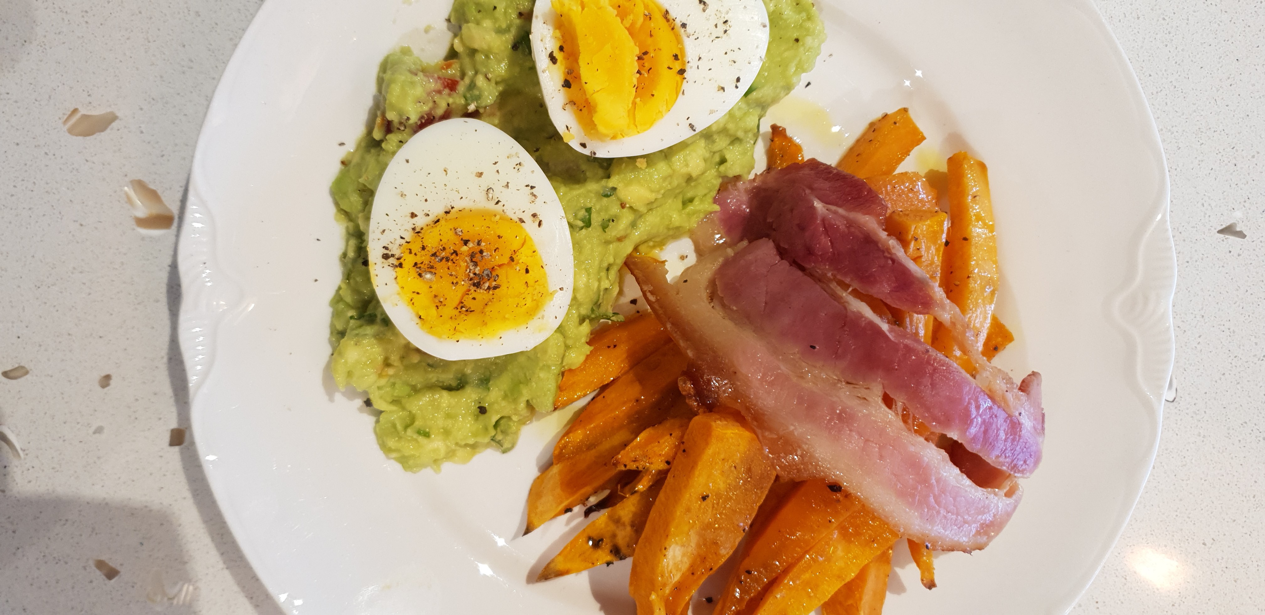 Weekend Breakfast Sweet Potato Chips Avo smash and boiled egg